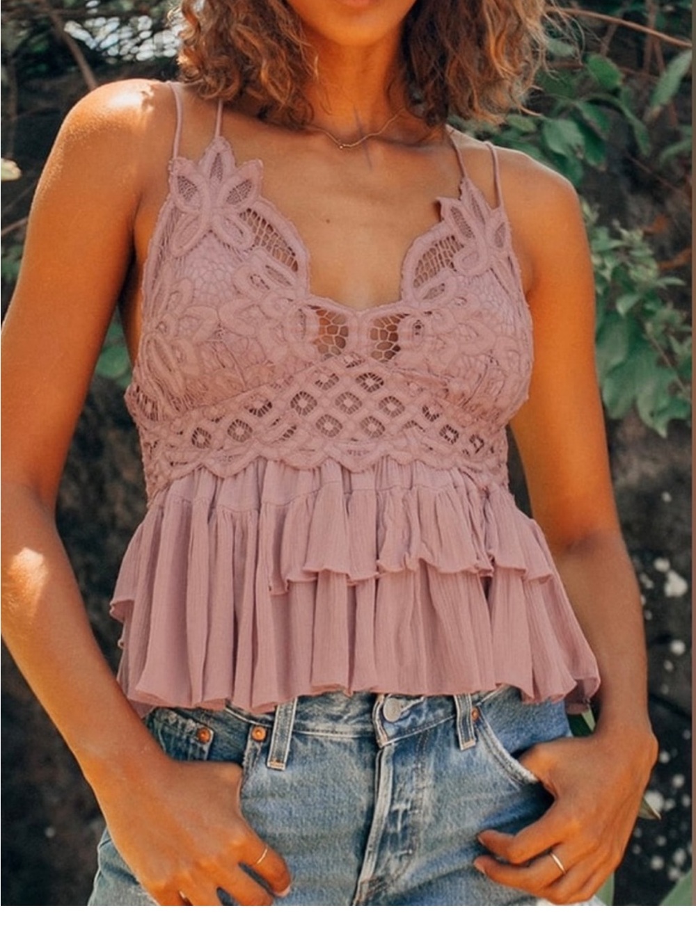 Free People Mauve Lace Crochet Ruffle Cami Top